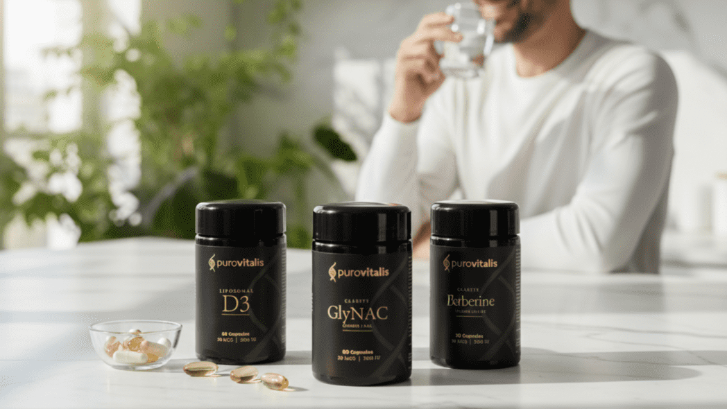 Purovitalis dietary supplements including Liposomal Vitamin D3, GlyNAC Clarity and Berberine Complex displayed on a table in a modern lifestyle setting.